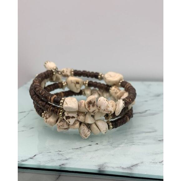 Layered Memory Wire Bohemian Wood And Stone Stacked Layered Bracelet - Picture 1 of 4